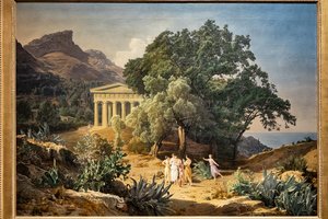 カステルモーラとタオルミーナを背景にしたドリス式神殿 作： Ferdinand Georg Waldmuller