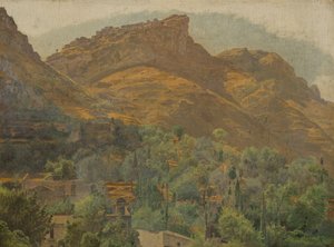 タオルミーナ近くの山の町モラの眺め 作： Ferdinand Georg Waldmuller