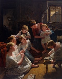 Des enfants, au matin, regardent des images - 絵を見る朝の子供たち、Waldimueller, Ferdinand Georg (1793-1865)作。木に油彩 作： Ferdinand Georg Waldmuller