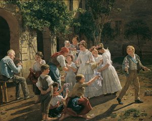 ヴァルトミュラー、フェルディナンド・ゲオルグ（1793-1865）の「コーパス・クリスティの祝日の朝」。木に油彩 作： Ferdinand Georg Waldmuller