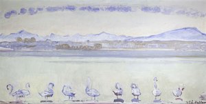 山岳風景の前にある九羽の白鳥。 1915年にケデュモンブランからの白鳥が9頭いるジュネーブの港 作： Ferdinand Hodler