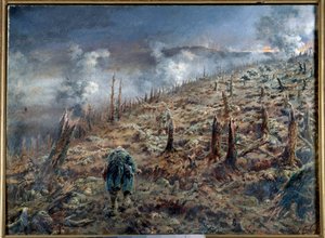第一次世界大戦 (1914-1918): 「ヴェルダンの死の峡谷」 戦いの後の廃墟と灰の風景。 フェルディナンド ジョセフ ゲルドリー (1858-1945) による絵画、1916 年パリ。 二世界大戦博物館