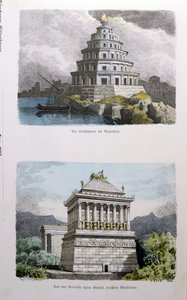 アレクサンドリアの大灯台とハリカルナッソスの霊廟。「世界の七不思議」シリーズから出た。 作： Ferdinand Knab