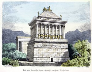 「ミュンヒナービルダーボーゲン」に掲載された「古代世界の七不思議」シリーズのハリカルナッソスの霊廟。 1886（カラー彫刻） 作： Ferdinand Knab