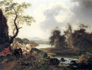 ドイツ語：滝のある川の風景、休憩するハイカー、牛とヤギを連れた羊飼い、3人の旅行者