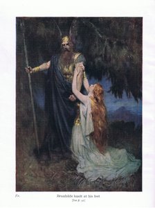 ブランヒルデは足元にひざまずき、イラストはワグナーオペラの物語のパブからのイラストです。 George Harrap＆Co Ltd 1932による 作： Ferdinand Lecke