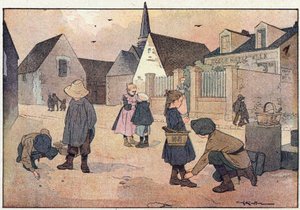 学校の外、子供の頃の絵本、1900年頃（彫刻） 作： Ferdinand Raffin