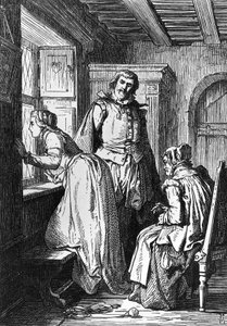 Klaerchen waiting for Egmont, illustration for Egmont, tragedy by Johann Wolfgang von Goethe (1749-1832), woodcut after drawing by Ferdinand Rothbart (1823-1899)   1464596   ja       japanese Successfully Translated  Original: Mural depicting scenes from t