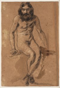 走る馬（レクト）、座った髭面の裸婦（裏面）、1800-1899年頃（黒と白のチョーク（レクト）、黒と白のチョークと茶色のウォッシュ（裏面）、茶色で準備された敷紙） 作： Ferdinand Victor Eugene (after) Delacroix