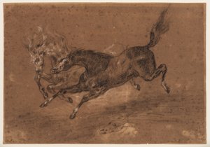 走る馬（レクト）、座った髭面の裸婦（裏面）、1800-1899年頃（黒と白のチョーク（レクト）、黒と白のチョークと茶色のウォッシュ（裏面）、茶色で準備された敷紙） 作： Ferdinand Victor Eugene (follower of) Delacroix