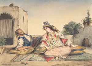 彼らのテラスでのムーア人夫婦、1832年（織り紙のグラファイトの上にトイレ） 作： Ferdinand Victor Eugene Delacroix