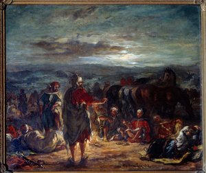 夜のアラブ人キャンプ。ウジェーヌ・ドラクロワ（1798-1863）の絵画 作： Ferdinand Victor Eugene Delacroix
