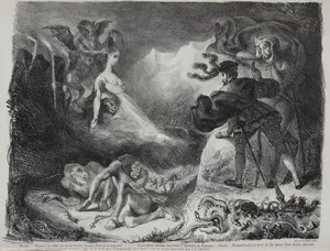 ファウストのイラスト：マルグリットの影が1828年にファウストに表示されます。 作： Ferdinand Victor Eugene Delacroix