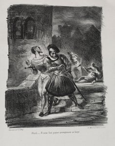 ファウストのイラスト：メフィストフェレスとファウストは、1828年の決闘後に逃亡しました。 作： Ferdinand Victor Eugene Delacroix