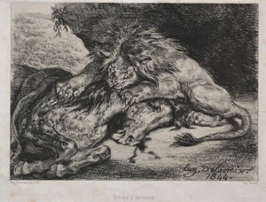 ライオンが馬を食い尽くす、1844年。 作： Ferdinand Victor Eugene Delacroix