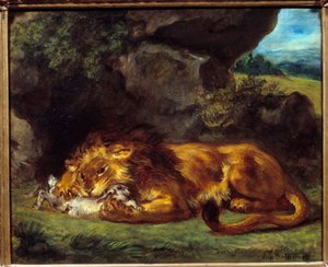ウサギを叩くライオンウジェーヌ・ドラクロワ（1798-1863）による絵画 作： Ferdinand Victor Eugene Delacroix
