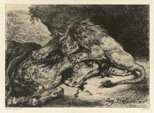 馬をむさぼり食うライオン、1844年 作： Ferdinand Victor Eugene Delacroix