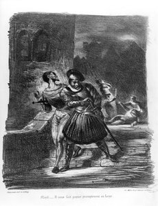 バレンタインの死後脱出したメフィストフェレスとファウスト、ゲーテのファウスト、1828年（イラスト）、（リトグラフのbw写真）