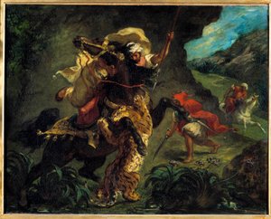 オリエンタリズム：「虎狩り」 ウジェーヌ・ドラクロワ（1798-1863）の絵画 1854年 日0.73x0.92 m パリ、オルセー美術館 作： Ferdinand Victor Eugene Delacroix