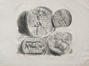 4つのアンティークメダルのシート、1825年。 作： Ferdinand Victor Eugene Delacroix