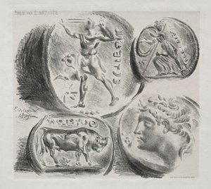 1825年の4つのアンティークメダルを収めたシート。 作： Ferdinand Victor Eugene Delacroix