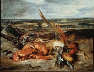 ロブスターと狩猟・釣りのトロフィーのある静物画 - キャンバスに油彩 作： Ferdinand Victor Eugene Delacroix