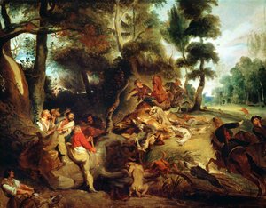 野生のイノシシ狩り、ルーベンスの絵の後、1840-50年頃 作： Ferdinand Victor Eugene Delacroix