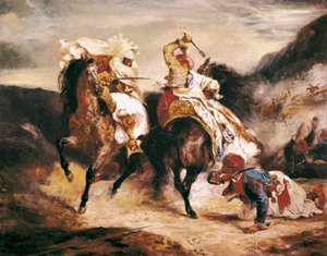 ギョールとパシャの戦い。バイロン卿の詩「Le Giaour」をモチーフにしています。ウジェーヌ・ドラクロワ(1798-1863)のオリエンタリズム絵画