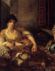 ディテールのアパートにいるアルジェの女性たち。ウジェーヌ・ドラクロワ（1798-1863）による絵画 1834年 薄暗い。1,80 x 2,29 m Paris.ルーヴル美術館 作： Ferdinand Victor Eugene Delacroix