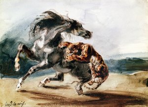野生の馬を襲う虎（紙にペン＆インク、水彩 作： Ferdinand Victor Eugene Delacroix