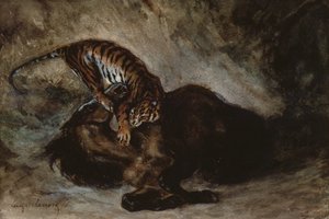 馬を襲う虎（紙にトイレ） 作： Ferdinand Victor Eugene Delacroix