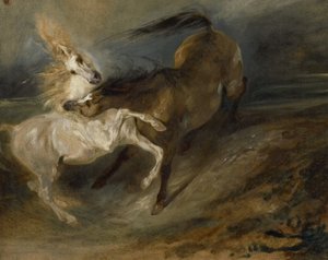荒れ模様の風景で戦う2頭の馬、c.1828 作： Ferdinand Victor Eugene Delacroix