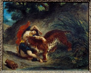 虎に連れ去られた若い女性、または虎に噛まれたインド人。ウジェーヌ・ドラクロワ（1798-1863）の作品 作： Ferdinand Victor Eugene Delacroix