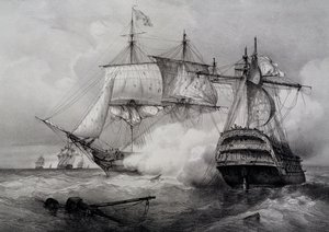 アメリカの74ガン艦とイギリスのフリゲート艦の戦い（フェルディナン・ペロのリトグラフ