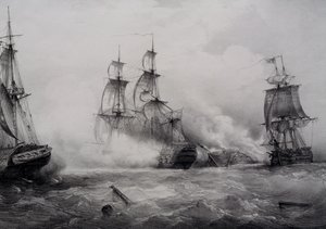英米の三等帆船の戦闘（74門） フェルディナン・ペロのリトグラフ 作： Ferdinand Victor Perrot