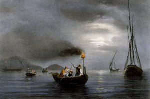 フェルディナン・ペロ(1808-1841)のカラーリトグラフ「釣りランプによる夜釣り