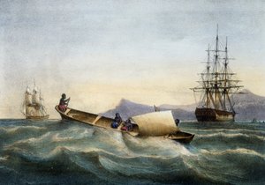 アンティル諸島のアウトリガーカヌー、Ferdinand Perrotによるカラーリトグラフ 作： Ferdinand Victor Perrot