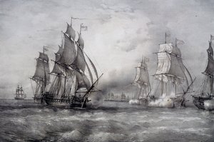 ポール・ジョーンズ、バルト海から到着したピアソン指揮の英国艦隊を攻撃 作： Ferdinand Victor Perrot