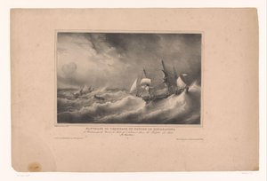 Redding van de bemanning van het schip de Repairer 1825 年の嵐の中、船ジュール ド ナントによってボルドーから船ル レパラトゥールの乗組員が救出されました。 (イル ブルボン) (オブジェクトのタイトル) Rivieren en zeeën langs by Franse kust (series tit 作： Ferdinand Victor Perrot