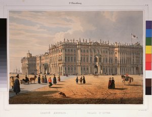 サンクトペテルブルクの冬宮殿の眺め。 フェルディナンド ヴィクトル ペロー (1808-1841) の作品、紙にリトグラフと水彩 作： Ferdinand Victor Perrot