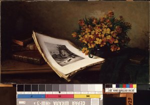 リトグラフのある静物。 フェルディナンド ワーグナー (1819-1881) の絵画。 キャンバスに油彩、48 x 86.5 cm。 19世紀ドイツの芸術。 State M.K. Ciurlionis Art Museum、カウナス (リトアニア)。
