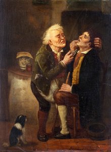 歯科医で - Ferdinand de Braekeleer the Elder (1792-1883) による絵画、木に油彩 (39x28.5 cm)