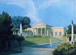 庭園からのシャルロッテンホーフの眺め、1855年（紙にペンとインク、トイレ） 作： Ferdinand von Arnim