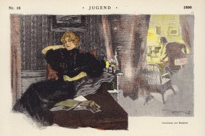 夕方、家にいる女性（カラーリトグラフ 作： Ferdinand von Reznicek