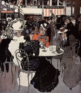 カフェの外のテーブルで話す女性Von Reznicekのイラストレーション。シンプリシマス、ドイツ 作： Ferdinand von Reznicek