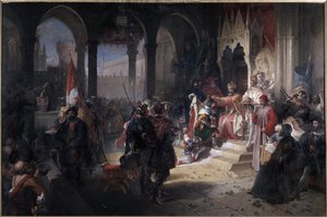 太平洋のアメデー8世（Amedeo VIII il pacifico）（1383-1451）は、1416年2月19日、神聖帝国皇帝ジギスムント1世がチェンベリを訪問した際に、サヴォイ公として戴冠しました。 フェルディナンド・カヴァレリ（1794-1865）による絵画は、イタリアのアグリー城（Castello）にあります。 作： Ferdinando Cavalleri