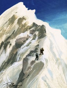 ヒラリーとテンシングが尾根を一歩ずつ進む