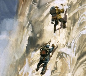 エベレストの斜面でのヒラリーとテンシング 作： フェルディナンド・タッコーニ