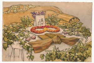 画家の妻の聖名祝日、緑で飾られたソファーとテーブル 作： フェルディナンド・ルシュチク