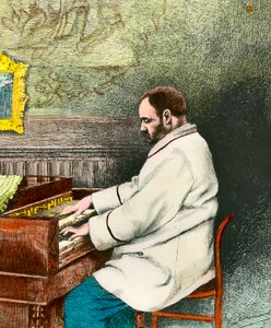 オルガンを弾くエミール・ゾラ（1840-1902）の肖像。デムーランによるエングレーヴィング（19世紀）。コル。出す。 作： Fernand Desmoulin